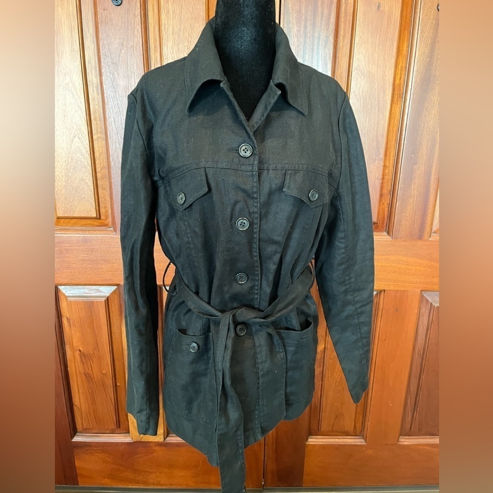 Eddie Bauer Jacket Top Blazer Women Petite M 100% Linen Black Tie Front Pockets